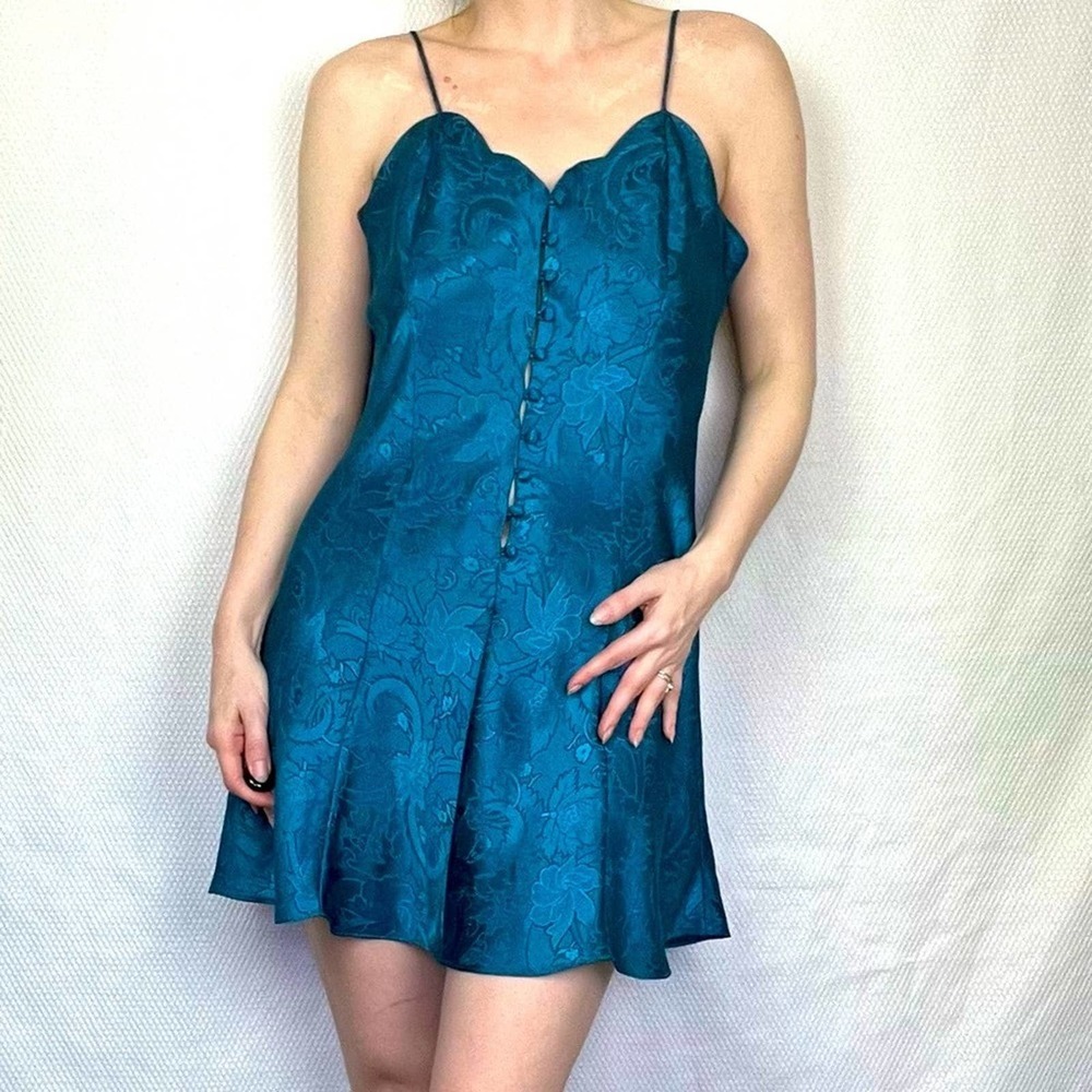 90s y2k Bohemian Victorias Secret Gold Label Blue Green Slip Dress Women Medium